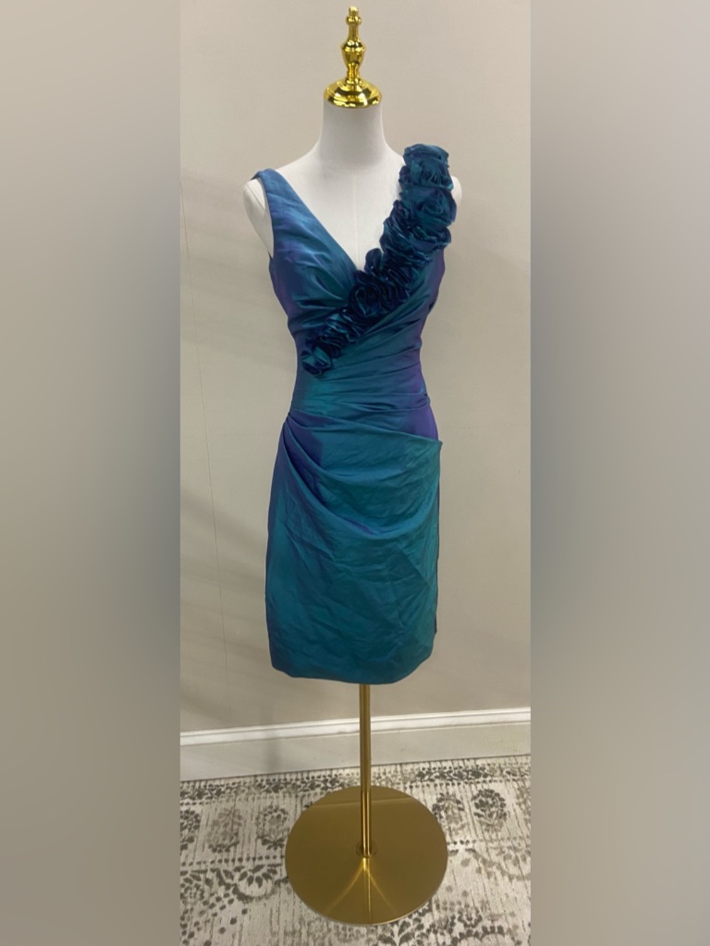 Teal Blue Sheath Dress with Ruffled One-Shoulder